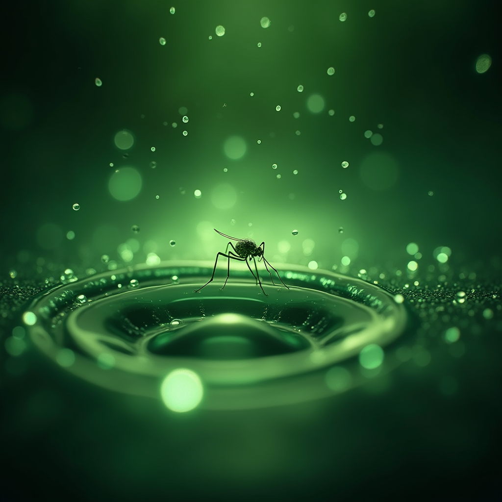 Microscopic photograph of mites caught in a drop of water, green colored sparks raining from above across a gradient background, brightly shining sparks, emitting green light, shallow depth of field volumetric lighting, cinematic, intricate detail, ultra-realistic