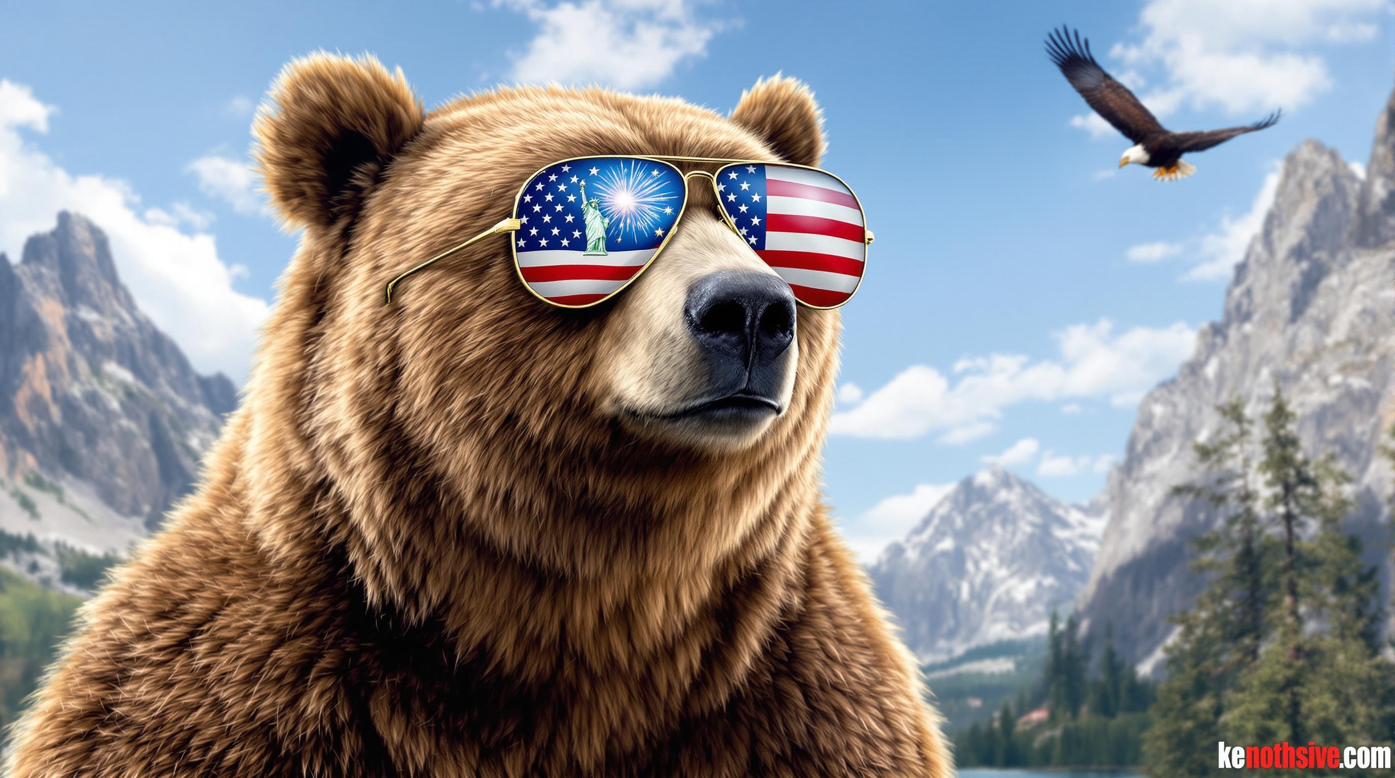 A bear wearing American flag sunglasses.