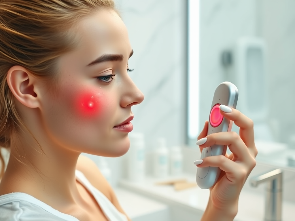 Create a realistic image of a young white female using a sleek, handheld facial massager with red light therapy on her face, focusing on her cheekbones, in a well-lit bathroom setting with a white marble countertop, various skincare products visible in the background, and a soft, warm glow emanating from the device.