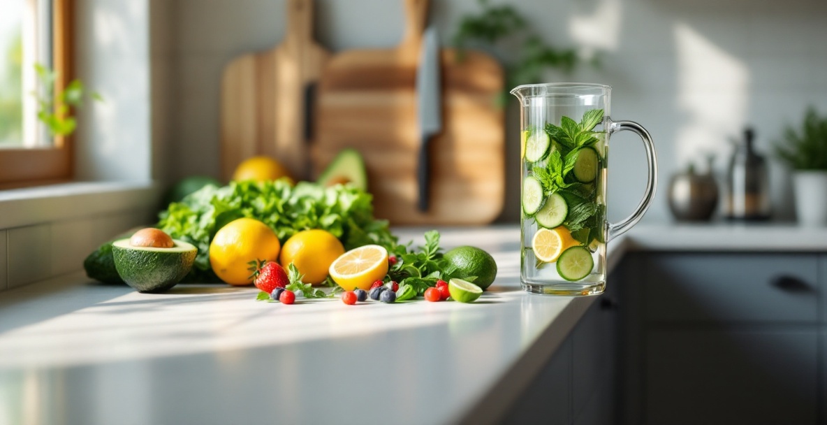 A clean kitchen counter with fresh fruits, vegetables, and a glass pitcher of infused water.