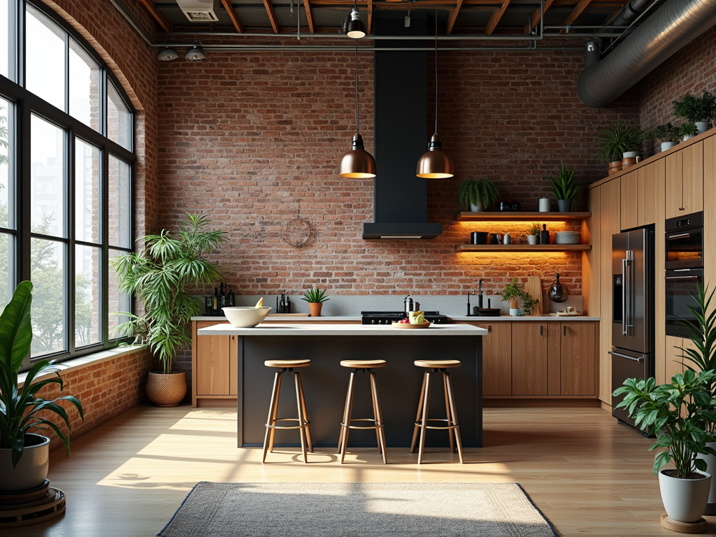 Chic urban loft style kitchen with exposed brick