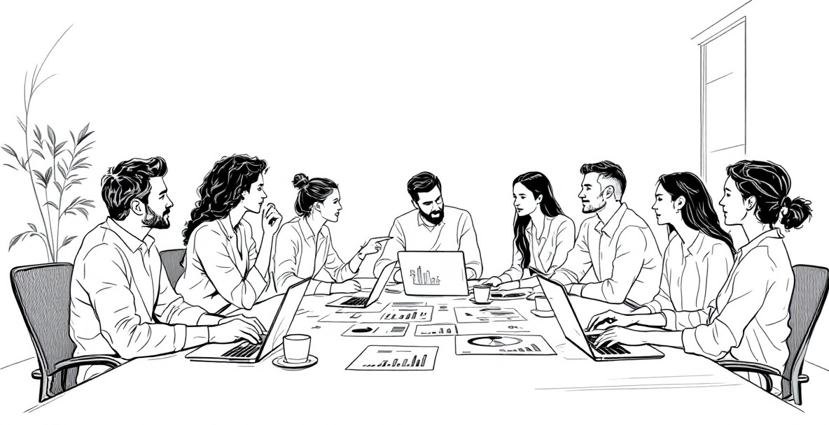 Diverse professionals collaborating around a table with laptops and charts in a minimalist office setting.