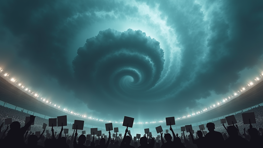 A massive swirling storm cloud looms over a grand stadium filled with fans holding up signs demanding a fair game.