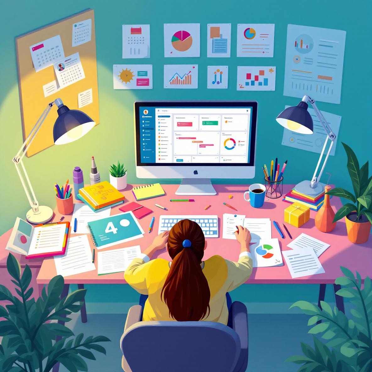 A freelancer at a cluttered desk surrounded by a calendar, notebooks, and technology, working on multiple roles simultaneously with Asana open on a screen, representing the challenges of juggling various responsibilities.
