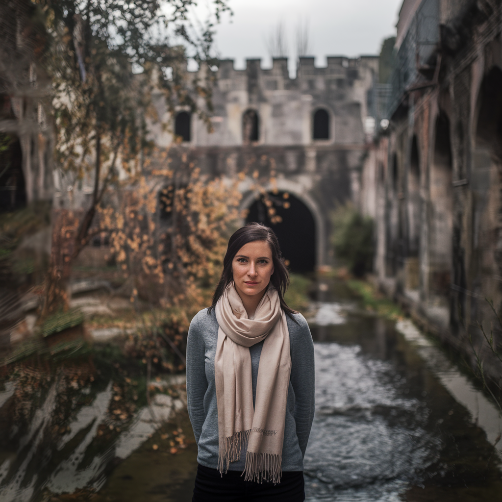 A woman stands centered in a secret underground city, surrounded by blurred foliage and a creek, under an overcast sky with natural light.