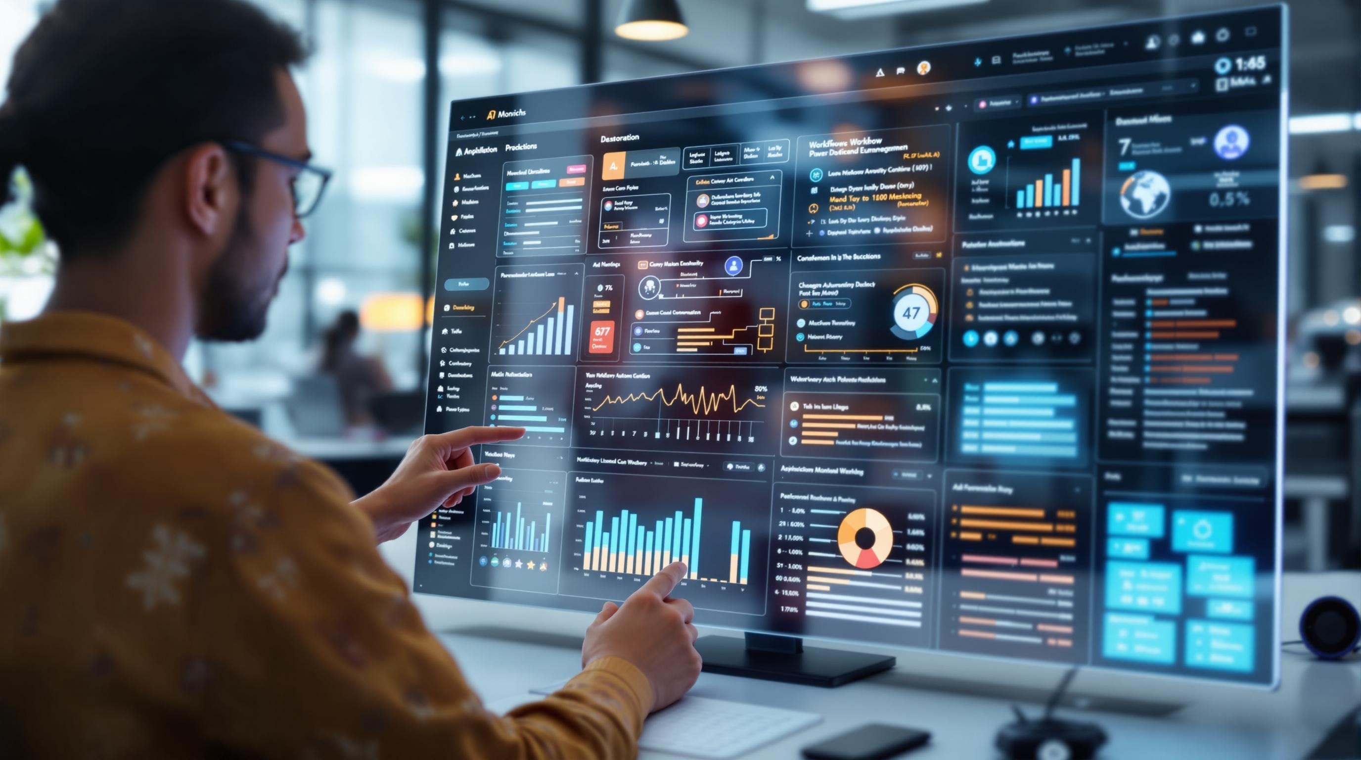 Modern digital dashboard displaying workflow automation tools in action, agents interacting with AI-driven interfaces, seamless integration of analytics and task management, sleek technology visuals, professional and clean style, 16:9 aspect ratio