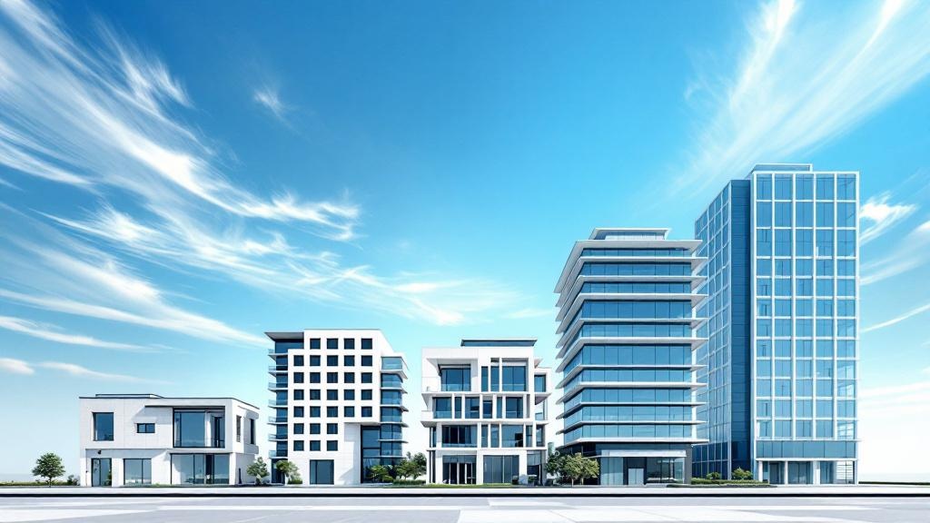 Buildings representing different web hosting solution types