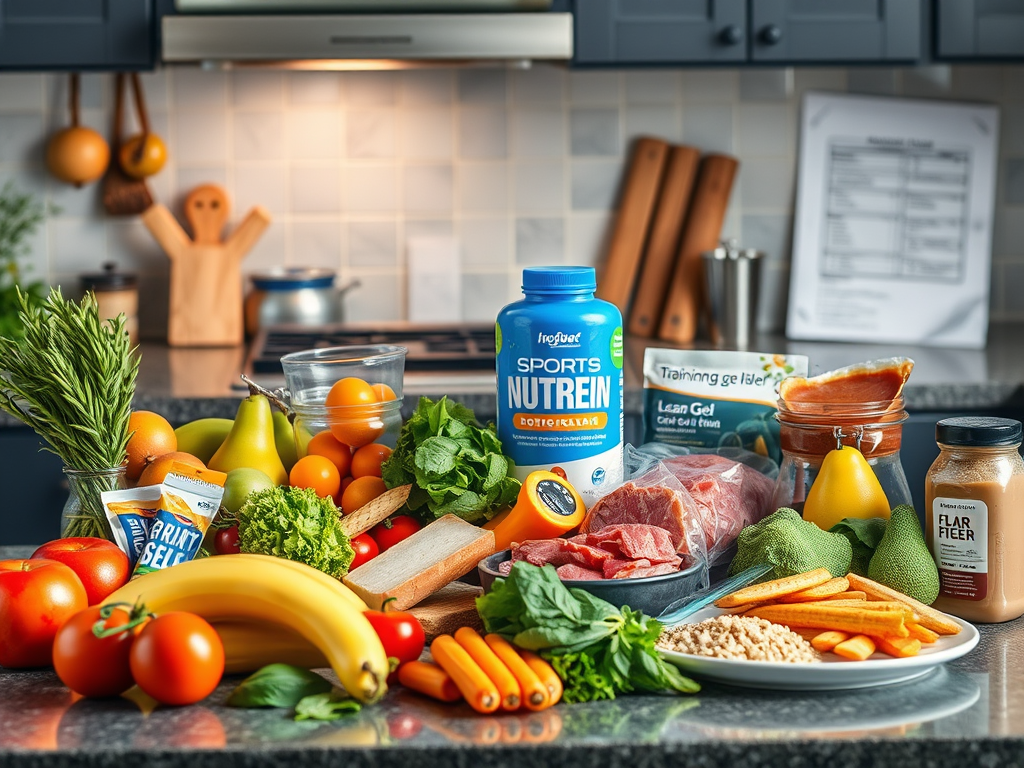 Create a realistic image of a kitchen counter with an assortment of healthy foods and sports nutrition products, including colorful fruits, vegetables, lean meats, whole grains, energy gels, and protein shakes. A sports watch and a training plan are visible nearby. The scene is well-lit, emphasizing the vibrant colors of the foods and the organized layout of the items.