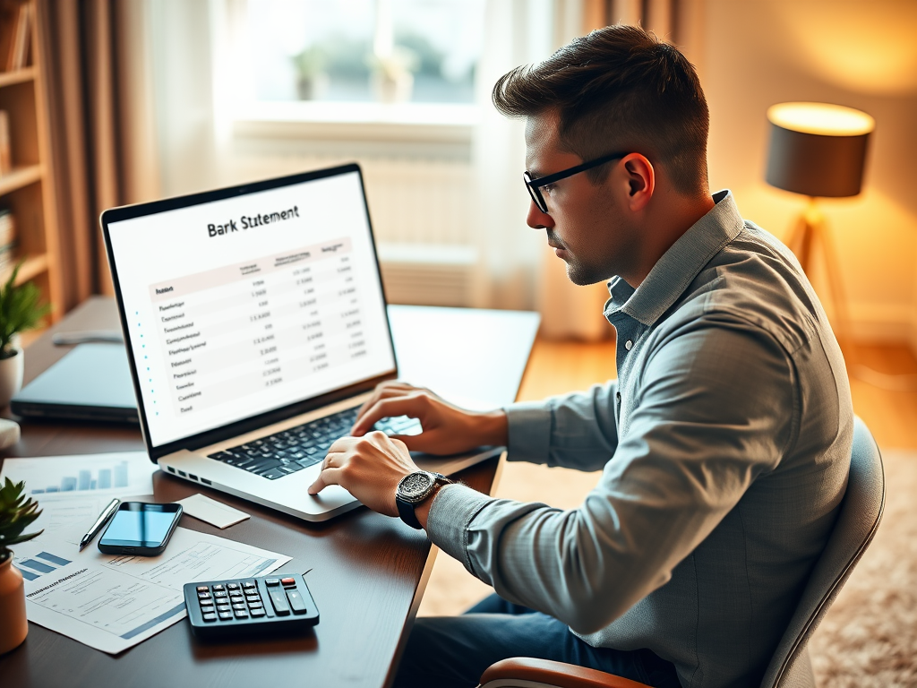 Create a realistic image of a white male entrepreneur in his 30s sitting at a modern desk, focused on a laptop screen displaying a business bank statement template. On the desk, there's a smartphone with a banking app open, a calculator, and various financial documents scattered around. The background shows a home office setting with warm, natural lighting coming through a window. The overall scene conveys a sense of efficiency and organization in managing financial records.