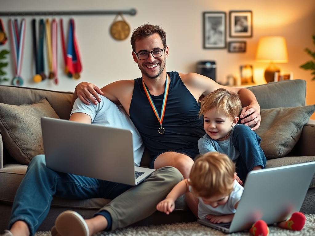 Create a realistic image of a smiling white male triathlete in his 30s, wearing casual clothes, sitting on a couch with his arm around his wife while their young child plays on the floor, a laptop with training schedules visible nearby, warm evening lighting, living room setting with triathlon medals and family photos visible in the background.