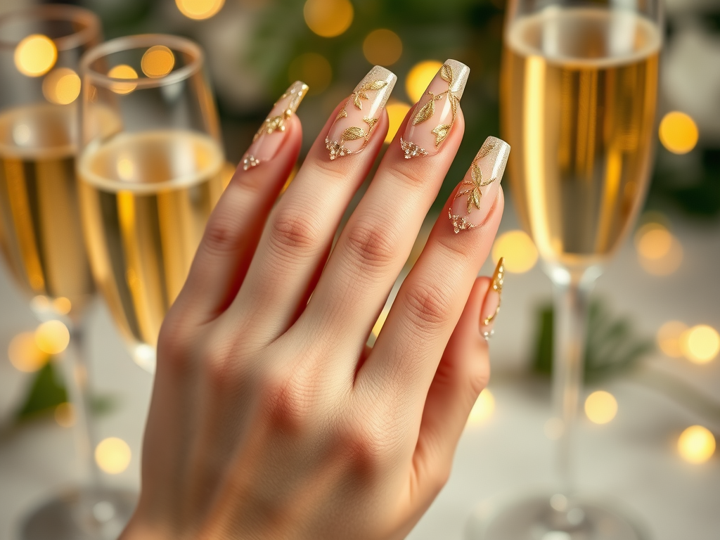 Create a realistic image of an elegant manicure on a white female hand, showcasing long, sculpted nails adorned with intricate gold leaf designs and tiny crystals, set against a soft-focus background of champagne glasses and twinkling lights, suggesting a luxurious special occasion atmosphere.
