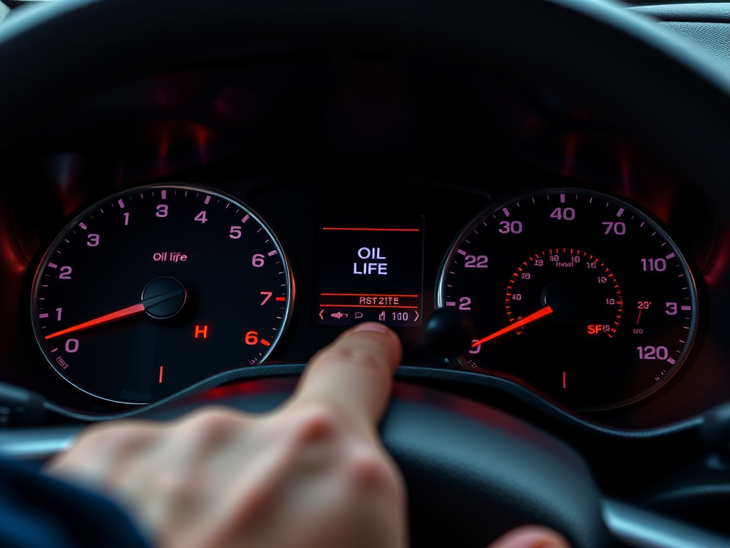 Create a realistic image of a car dashboard focused on the instrument cluster of a Jeep Cherokee, with the oil life indicator clearly visible. The dashboard should be illuminated, showing various gauges and warning lights. A hand, belonging to a person whose face is not visible, is pointing towards the oil life reset button or menu option on the display.