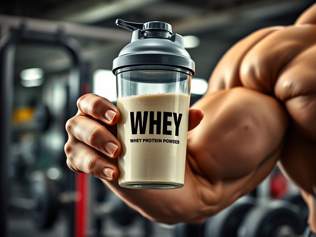 Create a realistic image of a muscular arm holding a shaker bottle filled with whey protein powder, set against a gym background with weight equipment visible. The lighting should be bright and energetic, emphasizing the definition of the muscles and the protein powder in the bottle.