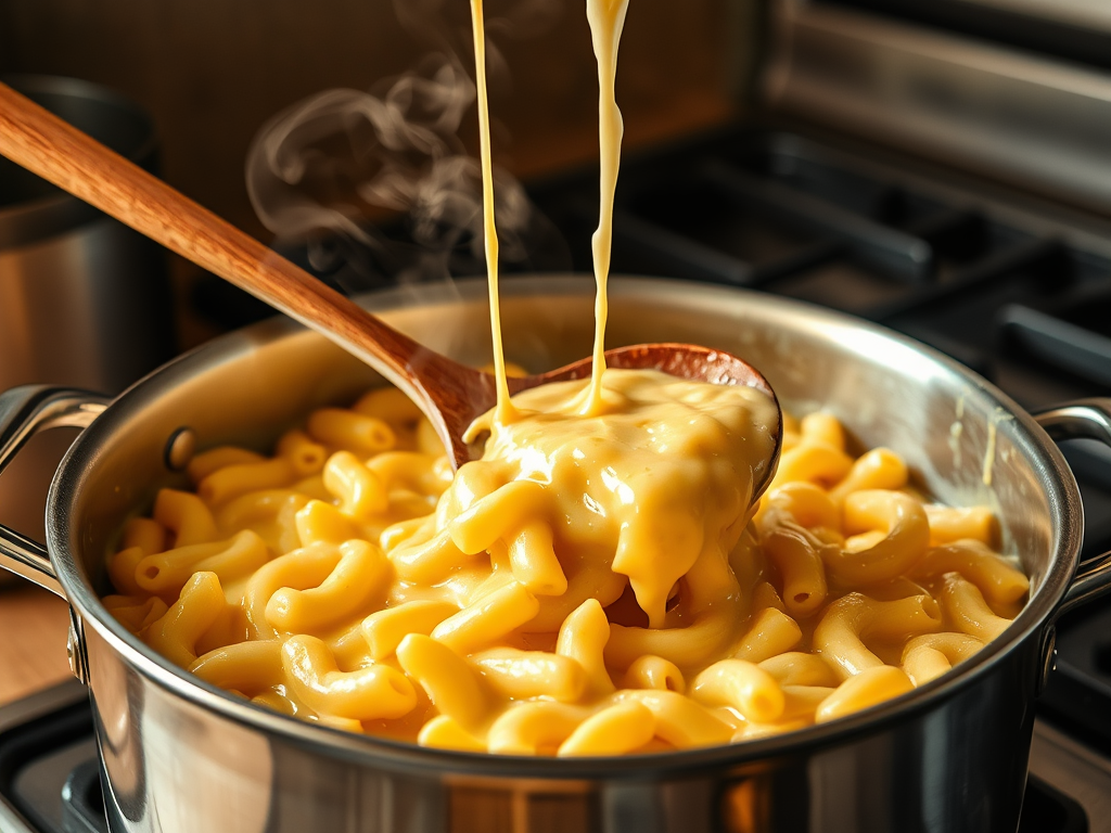 Create a realistic image of a wooden spoon mixing creamy cheese sauce into cooked macaroni pasta in a large stainless steel pot on a kitchen stove, with steam rising and melted cheese stretching between the spoon and the mixture, warm lighting highlighting the rich golden color of the sauce.