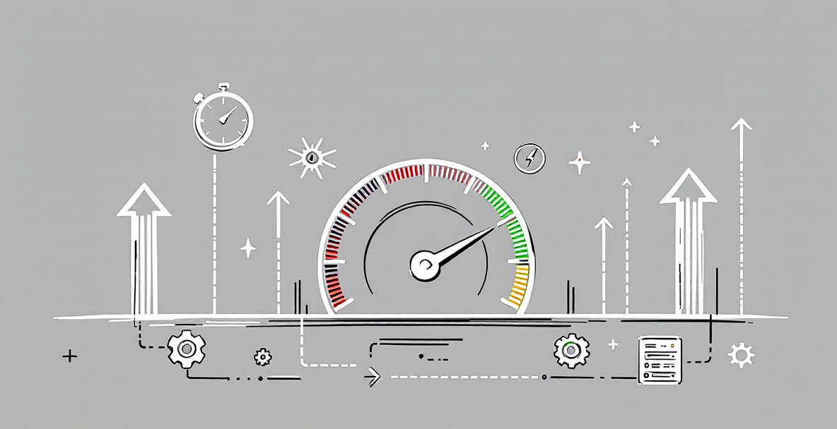Minimalist sketch of a speedometer shifting from red to green with website optimization icons and upward arrows