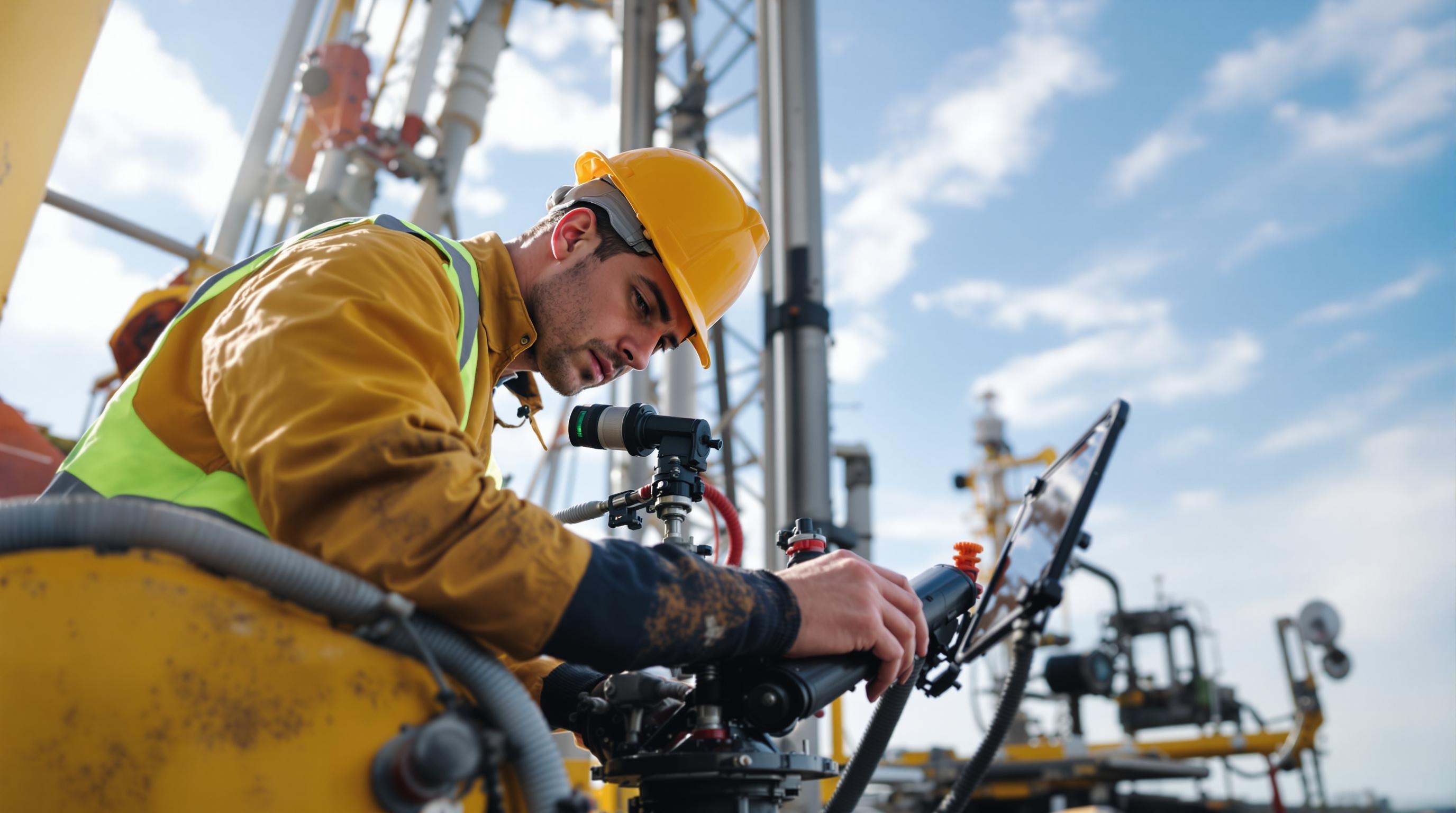 Oil Rig Worker Inspecting Machinery An oil rig worker in a hard hat inspecting machinery on an oil rig.