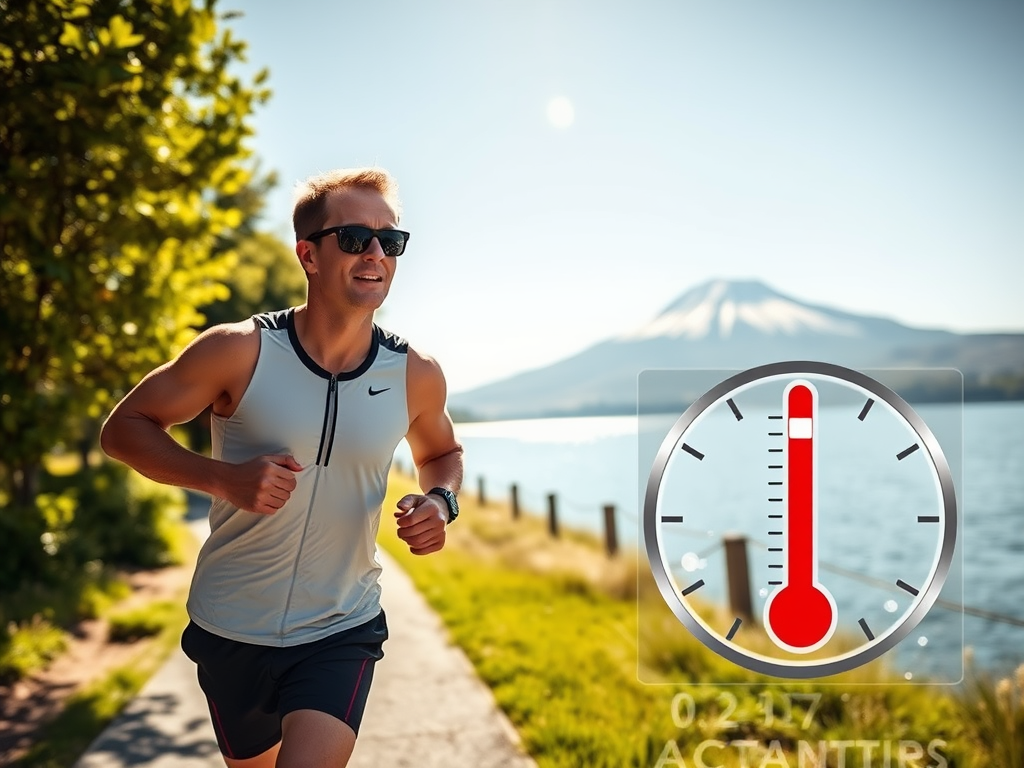 Create a realistic image of a white male athlete running along a scenic lakeside path in Pucon, Chile, with the Villarrica volcano visible in the background. The runner is wearing moisture-wicking clothing and sunglasses, sweating in the bright sunlight. Lush green trees line the path, and a thermometer overlay in the corner shows a high temperature, emphasizing the need for climate acclimation.