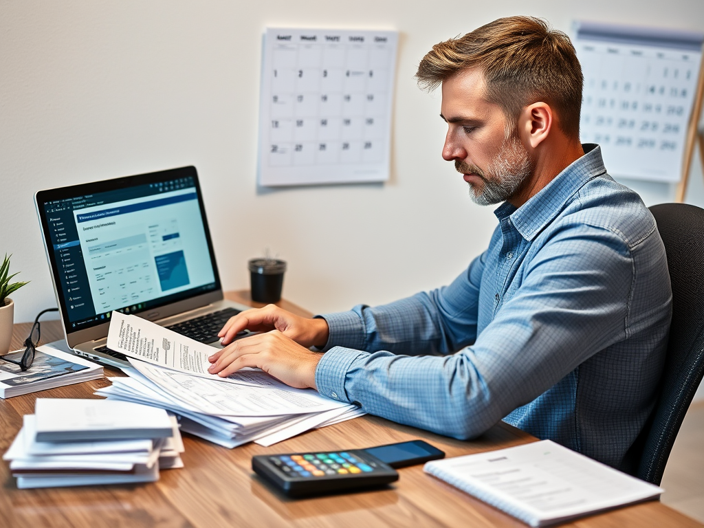 Create a realistic image of a white male in his 30s sitting at a desk, studying financial documents and online banking interfaces on a laptop screen. The desk has neat stacks of bank statements, a calculator, and a smartphone displaying a budgeting app. In the background, a wall calendar highlights important financial dates. The scene is well-lit, conveying a sense of organization and financial preparedness.