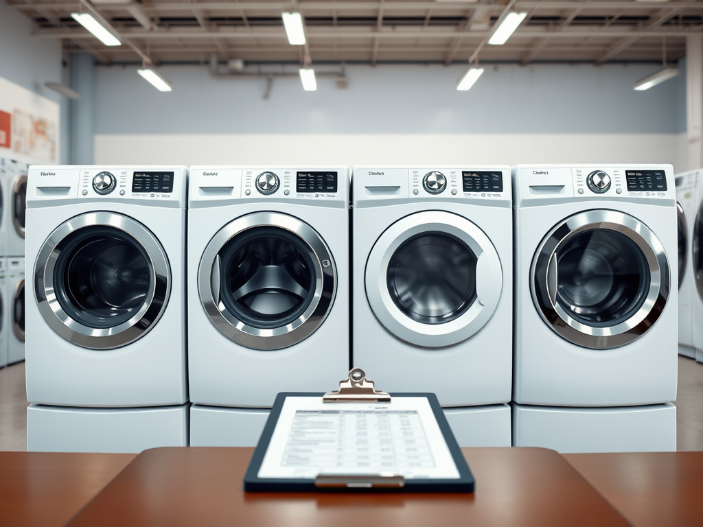 Create a realistic image of a split-screen comparison showing two washing machines side by side, with a Speed Queen model on the left and a competitor's model on the right, each with clearly visible price tags. The background should be a clean, well-lit appliance store setting with other washers and dryers visible in the distance. Include a clipboard or tablet in the foreground with a comparison chart partially visible.