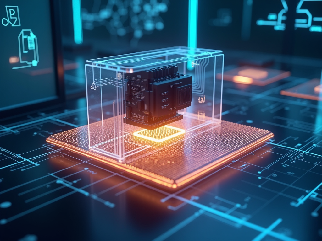 Imagine a dynamic and futuristic scene showcasing the innovation of 3D-printed active electronics. The center of the image features a large, transparent, semi-organic looking 3D printer in the process of creating a complex electronic circuit. This circuit is highlighted with glowing, copper-doped polymers forming intricate patterns, mimicking the structure of a semiconductor logic gate. The background is a sophisticated lab environment, filled with holographic displays projecting schematics and molecular structures, emphasizing the advanced research setting of MIT and Delft University. The color palette consists of deep blues and vibrant copper tones, reflecting both the technological theme and the organic, biodegradable nature of the materials used. The artistic style merges hyper-realism with elements of digital art, showcasing sharp details and a futuristic aesthetic. Soft, ambient lighting illuminates the scene, with focused, brighter lights on the 3D printer and the emerging electronic component, creating a sense of wonder and innovation. The mood is one of anticipation and breakthrough, capturing the essence of a revolution in electronics manufacturing, poised to democratize technology and enhance sustainability.