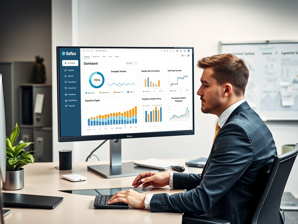 Create a realistic image of a modern office workspace with a computer screen displaying a dashboard interface connected to Sefaz (Brazilian tax authority), showing graphs, charts, and real-time data. Include a white male professional in business attire sitting at the desk, looking at the screen with a focused expression. The background should show other office elements like file cabinets and a whiteboard with tax-related notes.