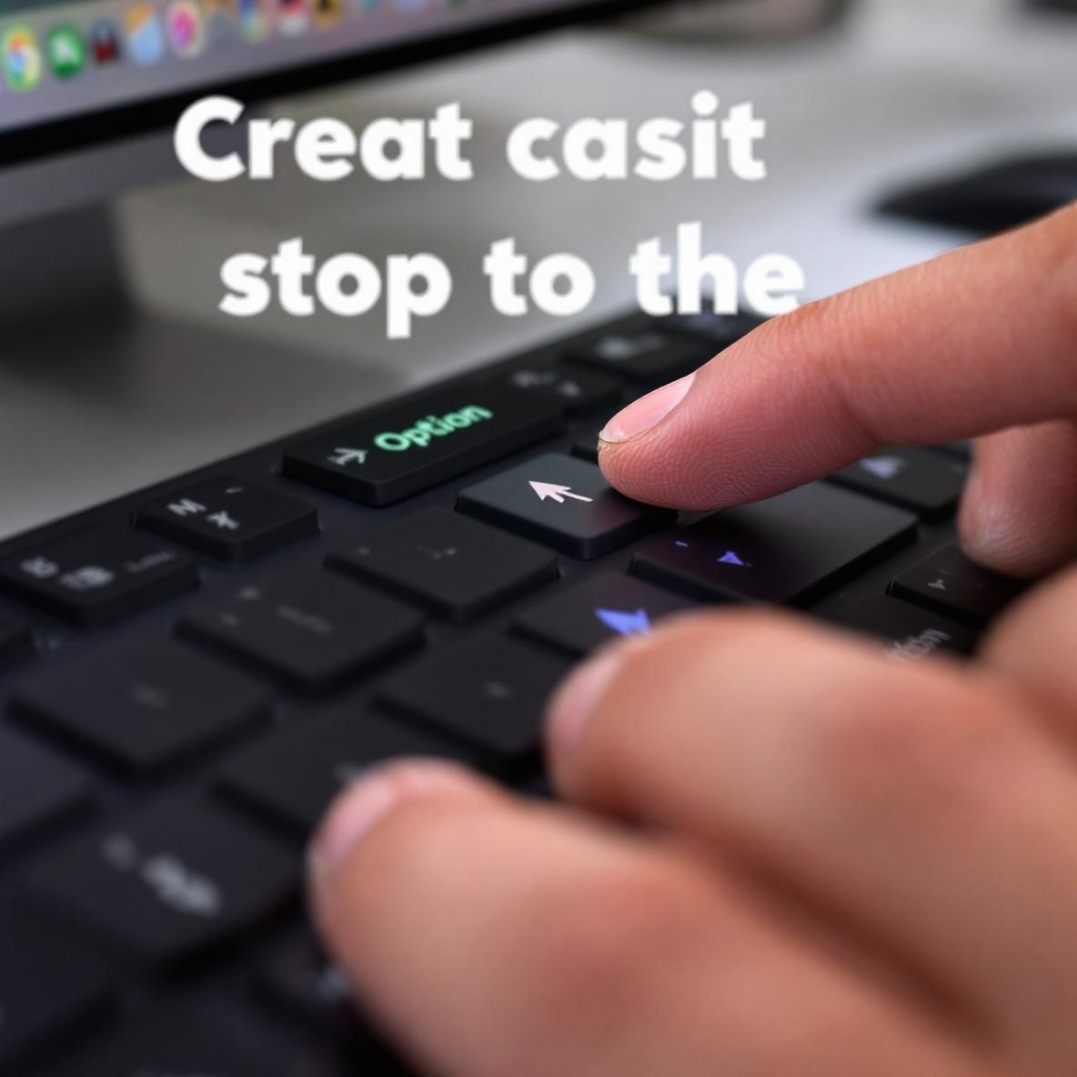 Close-up view of a keyboard with fingers using Option and arrow keys, highlighting text movement on a computer screen in a light-filled office environment.