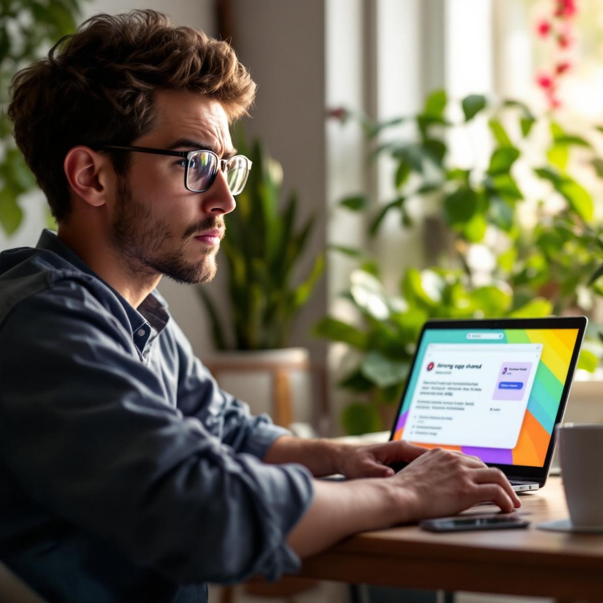 A user looks confused while sitting in front of a laptop with a Notion interface displaying a notification about a wrong page being shared, set in a bright home office with decorative plants.