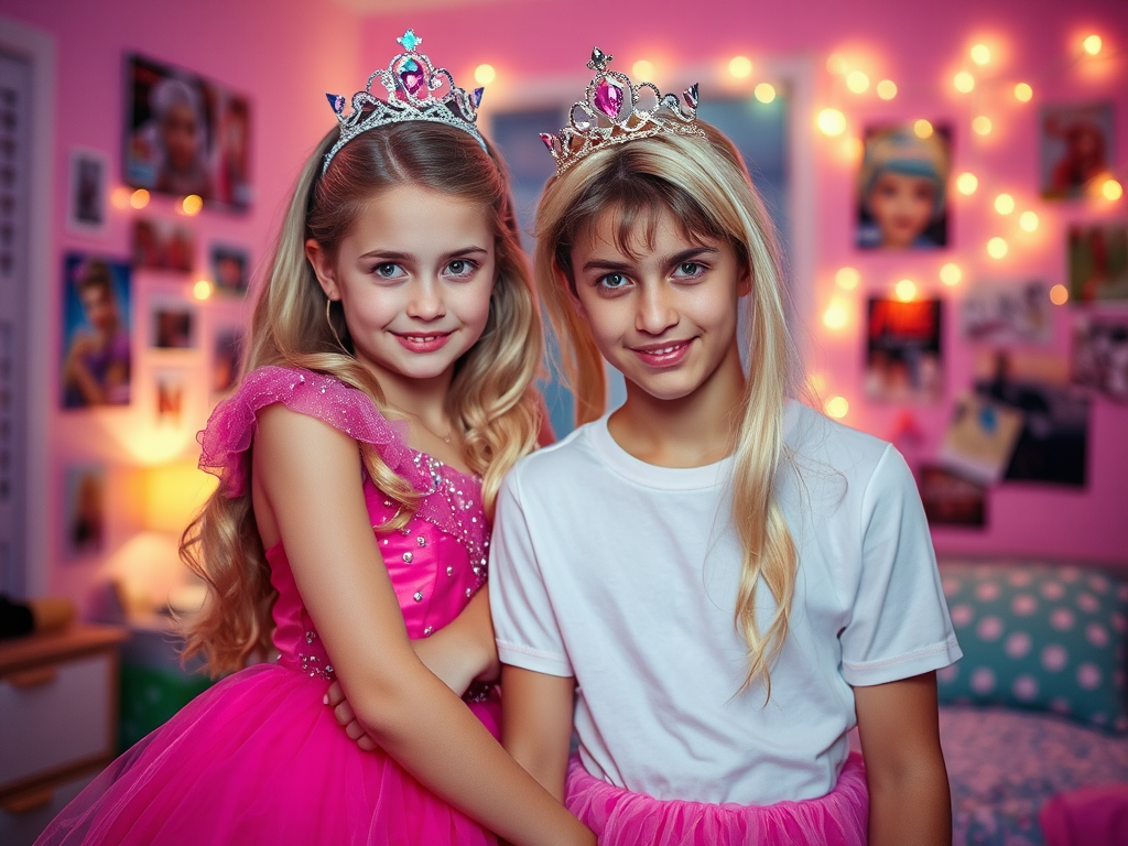 teenage girl dressing teenage boy in a barbie doll costume