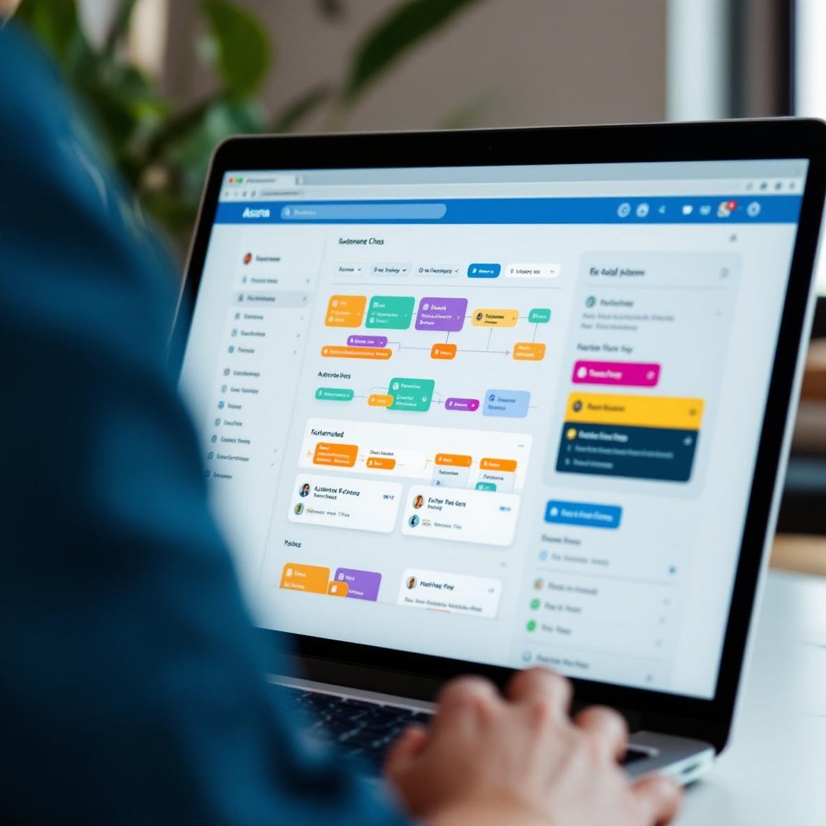 A detailed view of a laptop displaying a customized Asana template, showing an organized task board filled with different projects and workflows, highlighting effective task management.