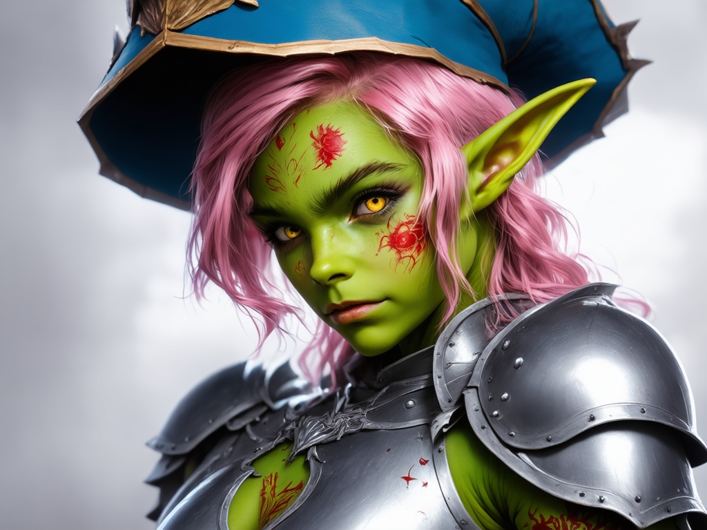 green-skinned elf wearing silver armour and pink hair with red tattoos and yellow eyes wearing a blue hat