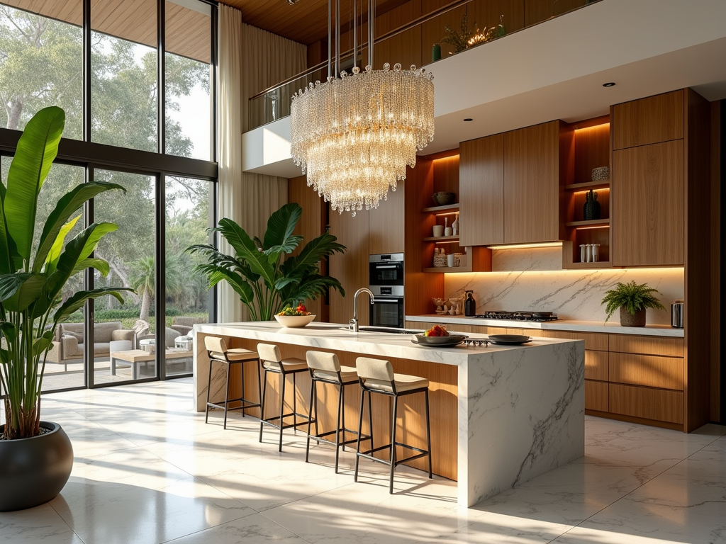 Tropical Elegance: Kitchen Design with Crystal Chandeliers