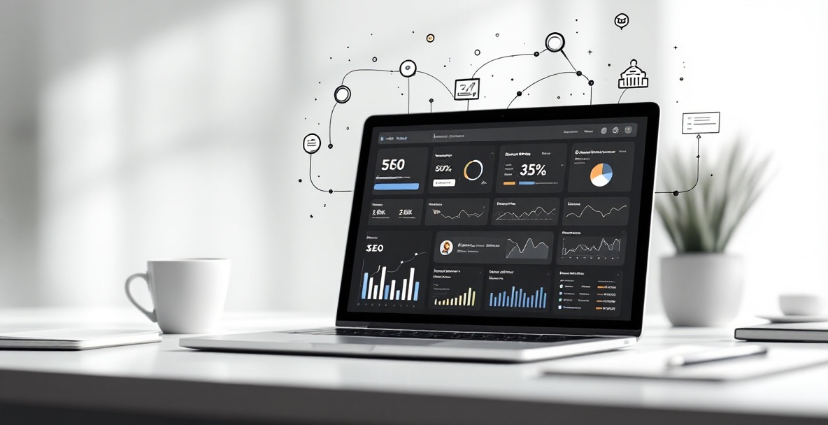 Minimalist digital marketing dashboard on laptop with SEO metrics, analysis tools, and workspace elements