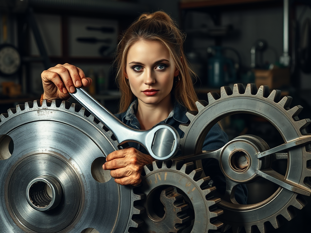 a woman holding spanner next to 3 interlocking gears 