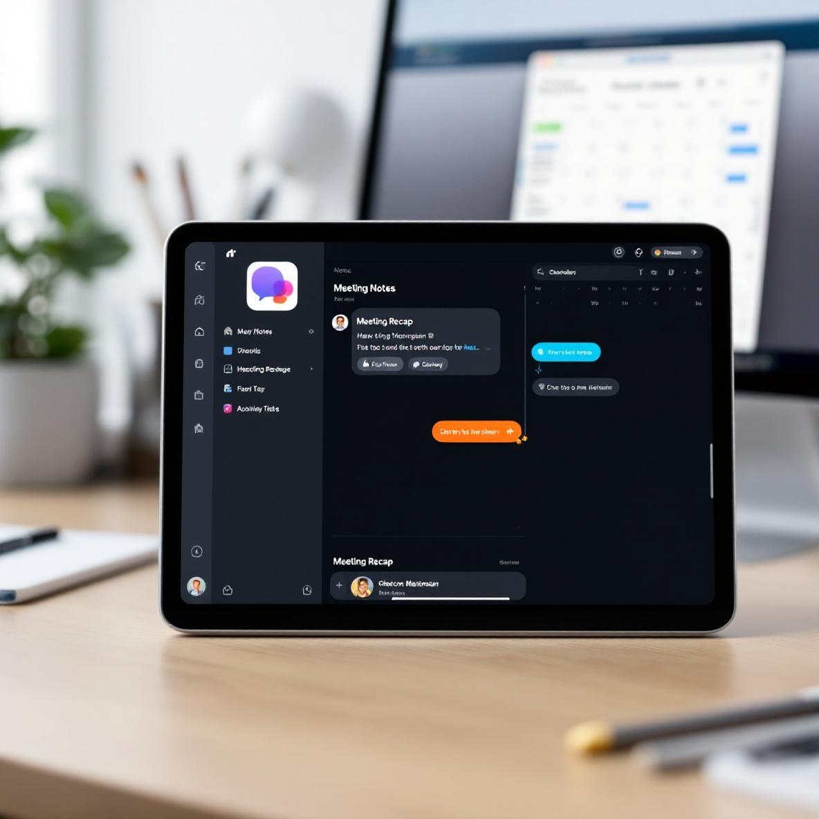A detailed view of an Apple device with the Apple Notes app open to a meeting recap, alongside a calendar app displaying scheduled tasks, all set in a well-organized modern workspace.