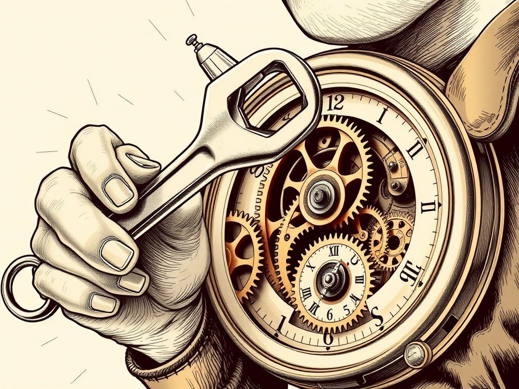 drawing of a person holding spanner next to 3 interlocking gears in a clock
