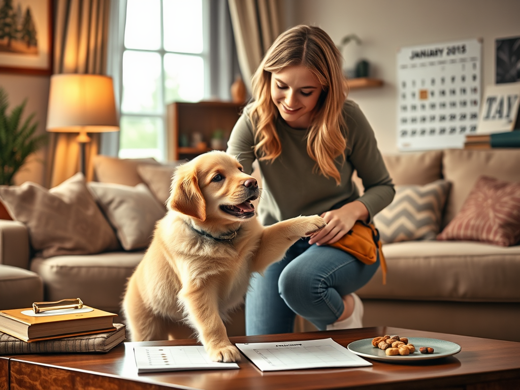 Create a realistic image of a young white female pet owner training her playful golden retriever puppy in a cozy living room, with a checklist of training goals visible on a nearby coffee table, a treat pouch on the owner's hip, and a calendar showing January 1st in the background, all under warm indoor lighting to convey a welcoming atmosphere.