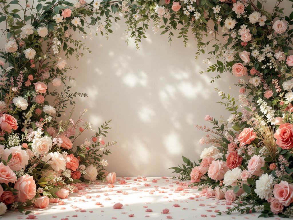 A photorealistic shot capturing a romantic wedding scene with a mix of natural and artificial floral decorations, showcasing how both types can create a magical atmosphere