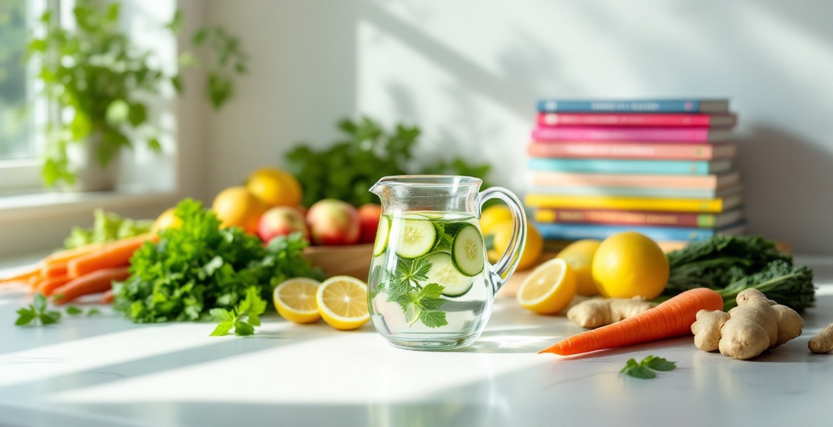 Modern kitchen counter with fruits, vegetables, and detox water.