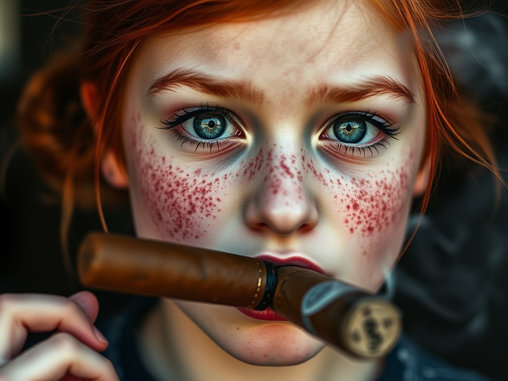 closeup of the face of a redhead schoolgirl with freckles smoking a cigar