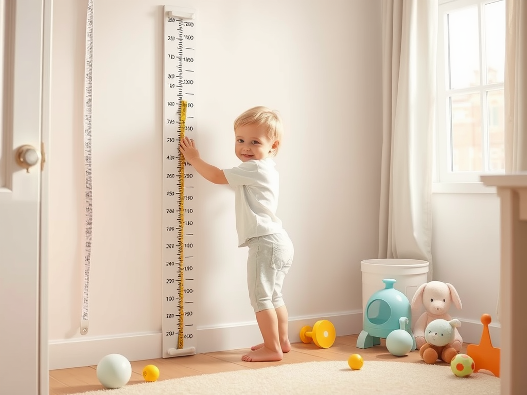 Create a realistic image of a white female infant, approximately 1 year old, standing unsteadily while holding onto a growth chart on a wall, with a tape measure visible nearby, in a bright, cheerful nursery setting with soft pastel colors, natural lighting from a window, and age-appropriate toys scattered on the floor.