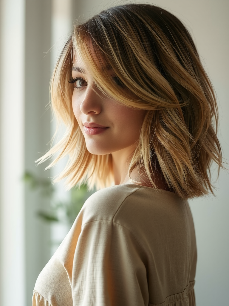 Soft layered curtain shag hairstyle with voluminous texture