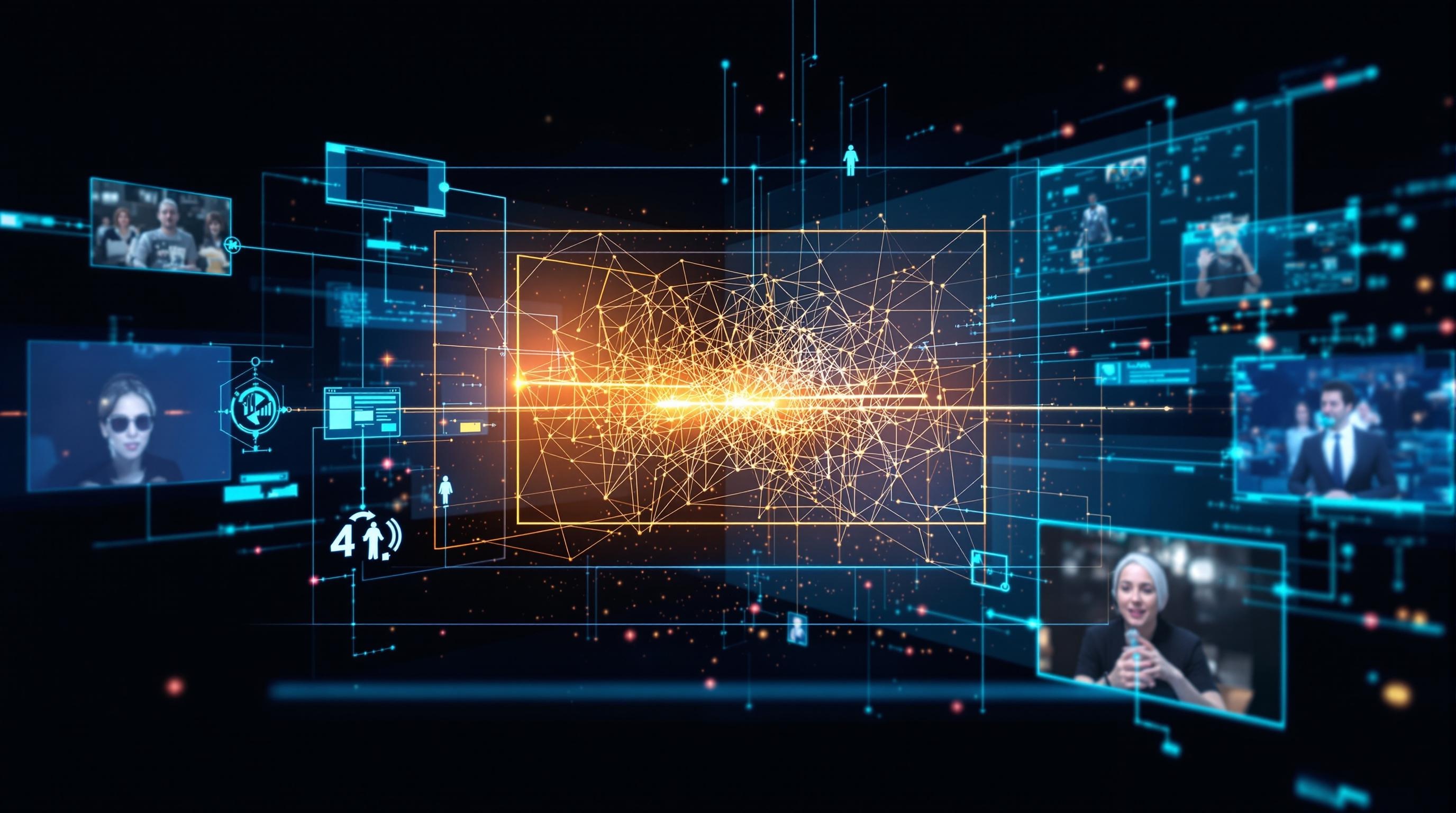 Detailed conceptual illustration of AI algorithms analyzing video frames to detect and reconstruct content beneath watermarks, highlighting neural network patterns and video editing layers, modern and professional style, 16:9 aspect ratio