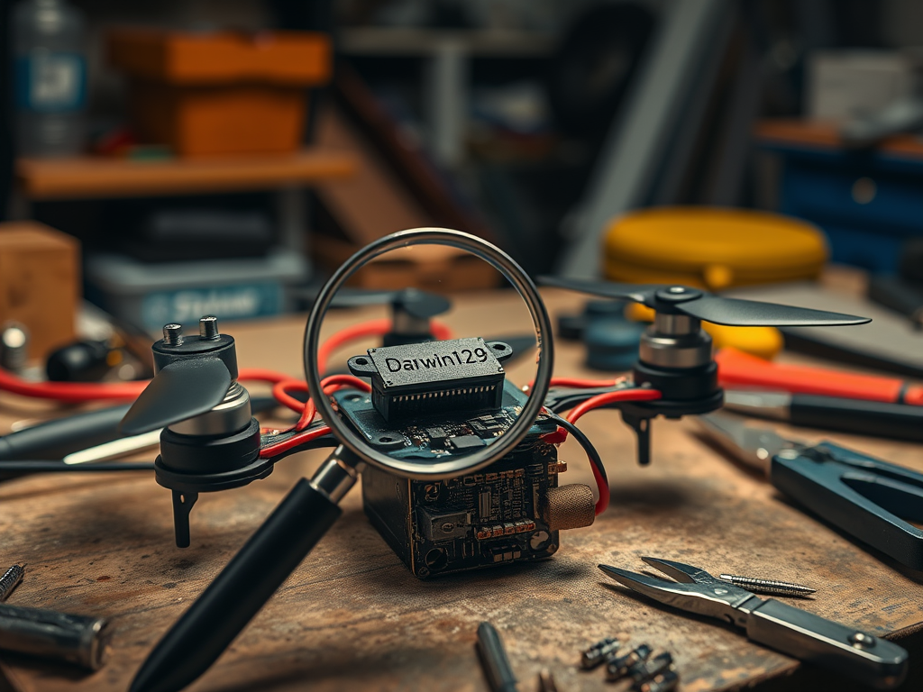 Create a realistic image of a partially disassembled small drone on a workbench, with exposed wires and circuitry. A magnifying glass is positioned over a component labeled "Darwin129". Tools like screwdrivers and pliers are scattered nearby. The background shows a dimly lit garage or workshop setting.