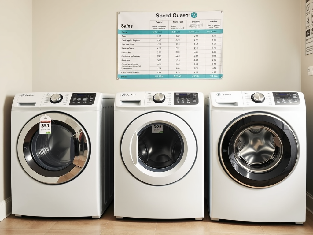 Create a realistic image of a home laundry room with three Speed Queen washing machines in different sizes and models, displayed side by side. Price tags are prominently attached to each machine, showing varying costs. A comparison chart on the wall behind the machines highlights features and price ranges. The room has bright, even lighting to emphasize the appliances and pricing information.