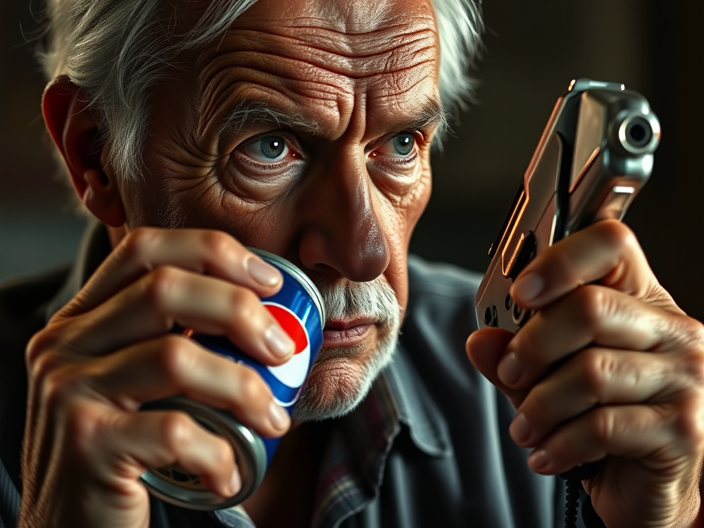 old man with no mustache drinking Pepsi while holding a pistol in his other hand