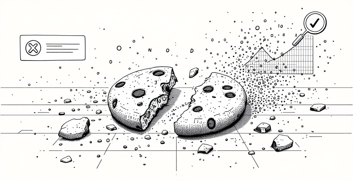 Minimalist sketch of a crumbling cookie with binary code and broken browser windows, symbolizing the end of cookie-based testing