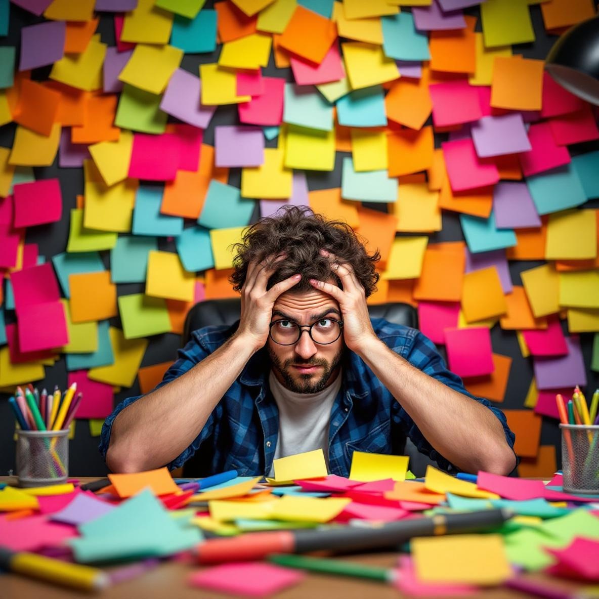 A chaotic workspace with colorful sticky notes and pens scattered across a desk, while a freelancer searches for a specific note, highlighting the confusion of excessive color coding.