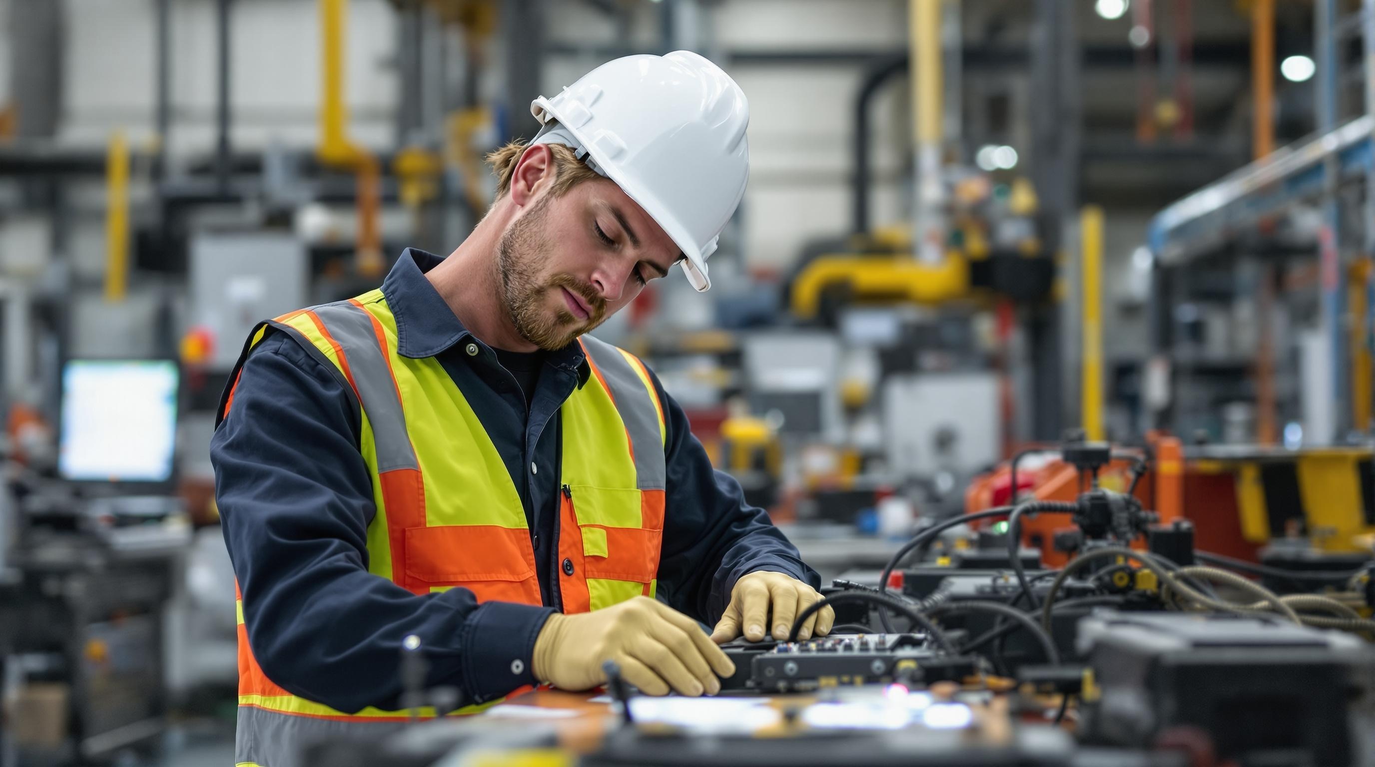 Engineer in an Industrial Setting An engineer working on machinery in a factory setting.