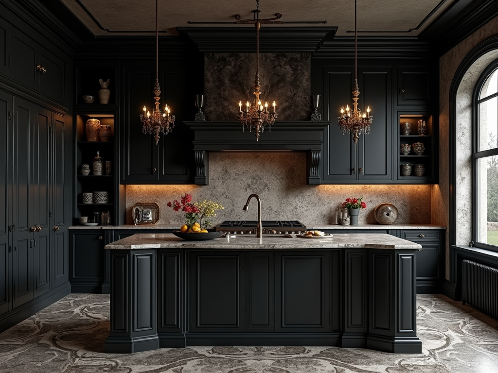 Dramatic Elegance: Gothic-Inspired Kitchen with Black Cabinetry