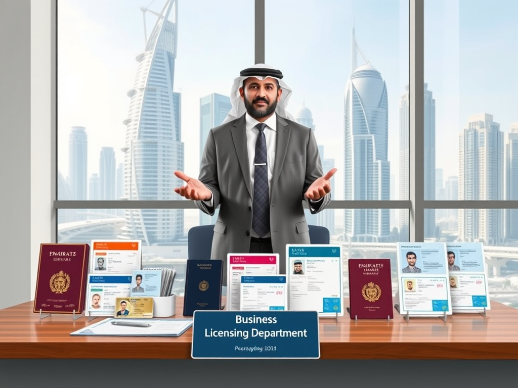 Create a realistic image of a modern office in Dubai with a desk in the foreground displaying various official documents, including passports, Emirates ID cards, and business licenses. A large window in the background showcases iconic UAE skyscrapers. On the desk, place a nameplate reading "Business Licensing Department". Include a middle-aged Middle Eastern male in formal attire standing behind the desk, gesturing towards the documents.